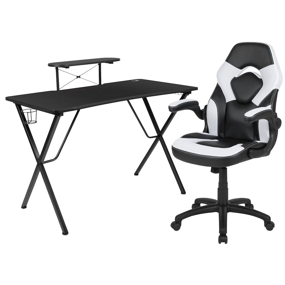 Black Gaming Desk and White/Black Racing Chair Set