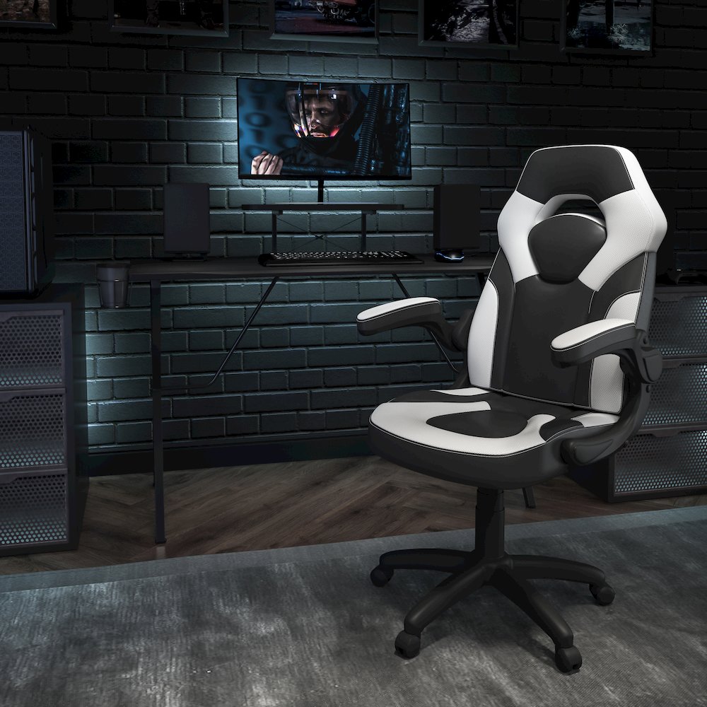 Black Gaming Desk and White/Black Racing Chair Set