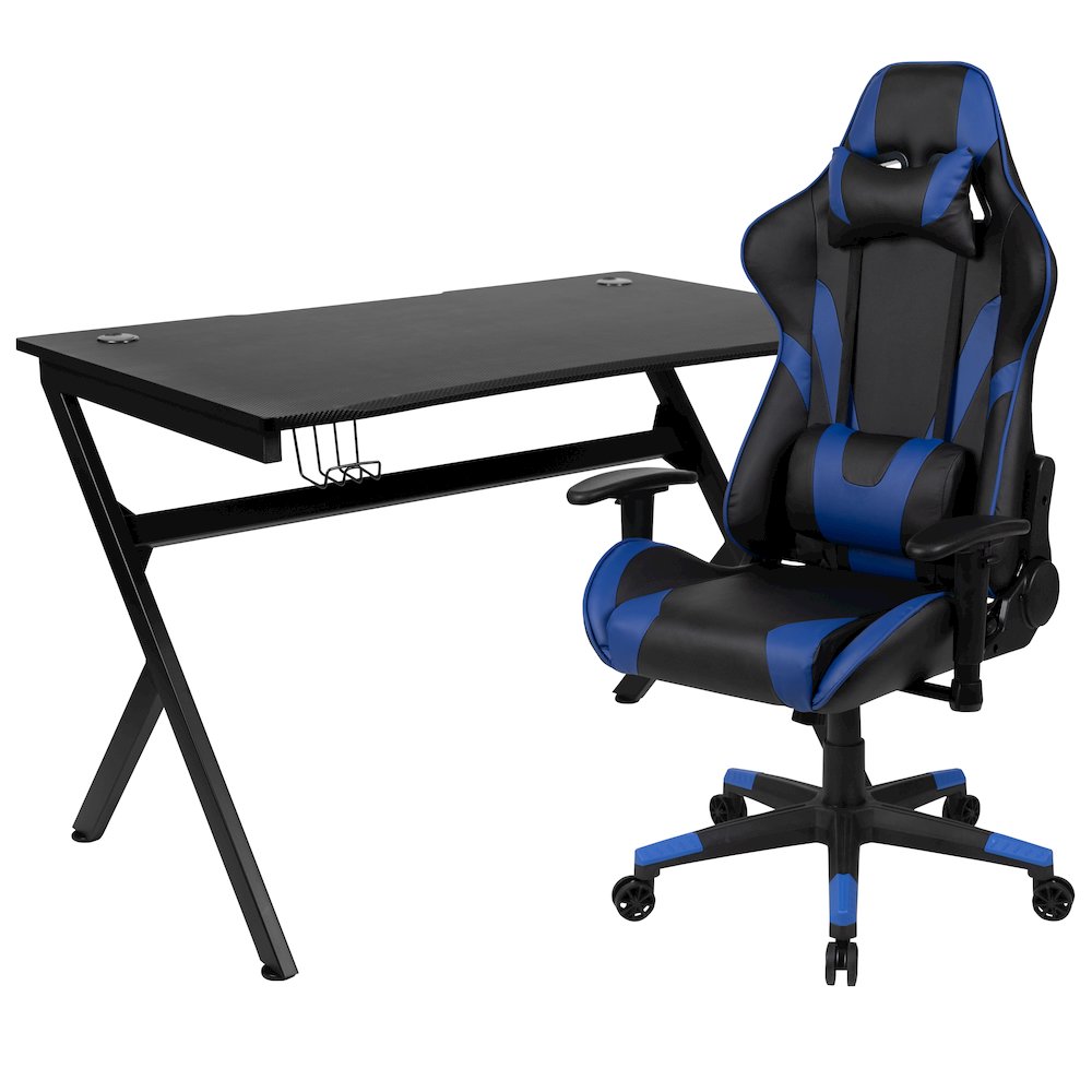 Black Gaming Desk and Blue/Black Reclining Gaming Chair Set