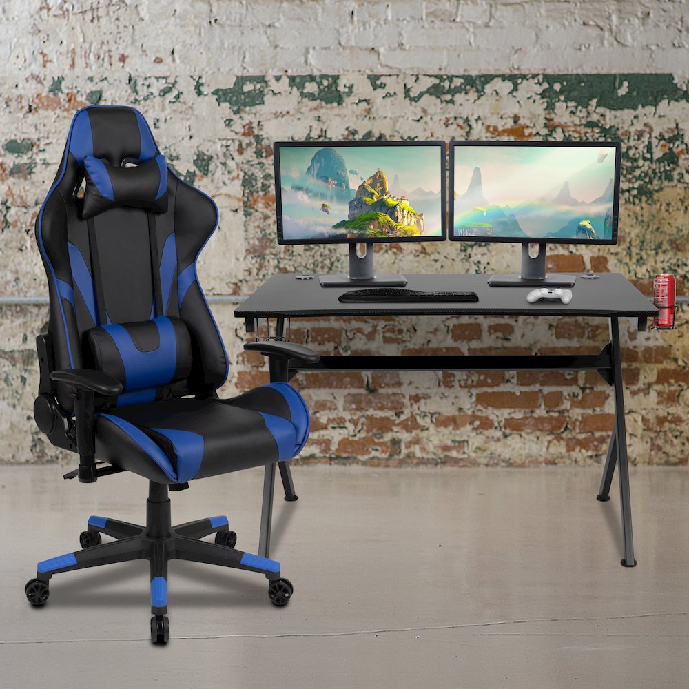 Black Gaming Desk and Blue/Black Reclining Gaming Chair Set
