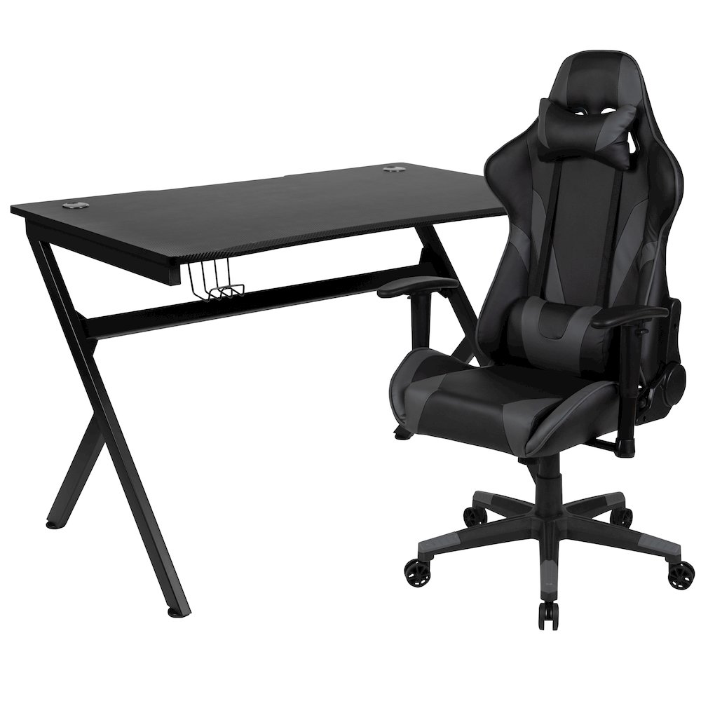 Black Gaming Desk and Gray/Black Reclining Gaming Chair Set