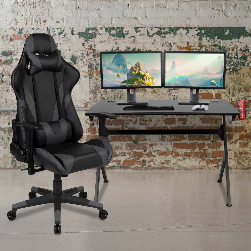 Black Gaming Desk and Gray/Black Reclining Gaming Chair Set
