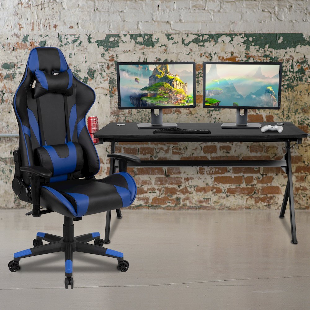 Gaming Desk and Blue/Black Reclining Gaming Chair Set