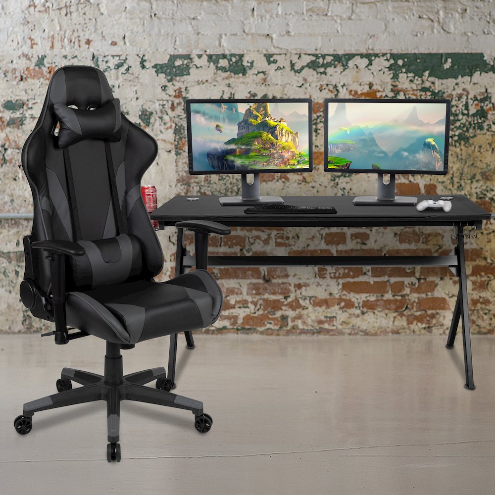 Gaming Desk and Gray/Black Reclining Gaming Chair Set
