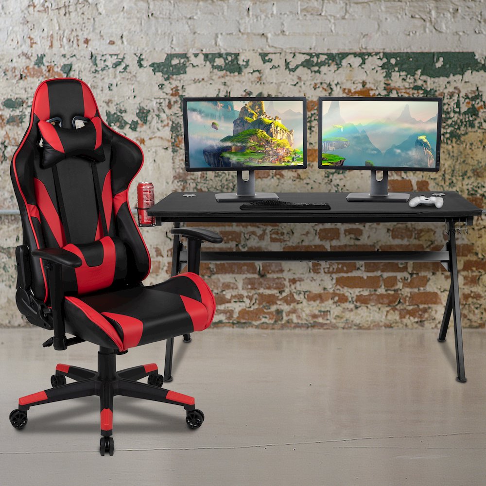 Gaming Desk and Red/Black Reclining Gaming Chair Set