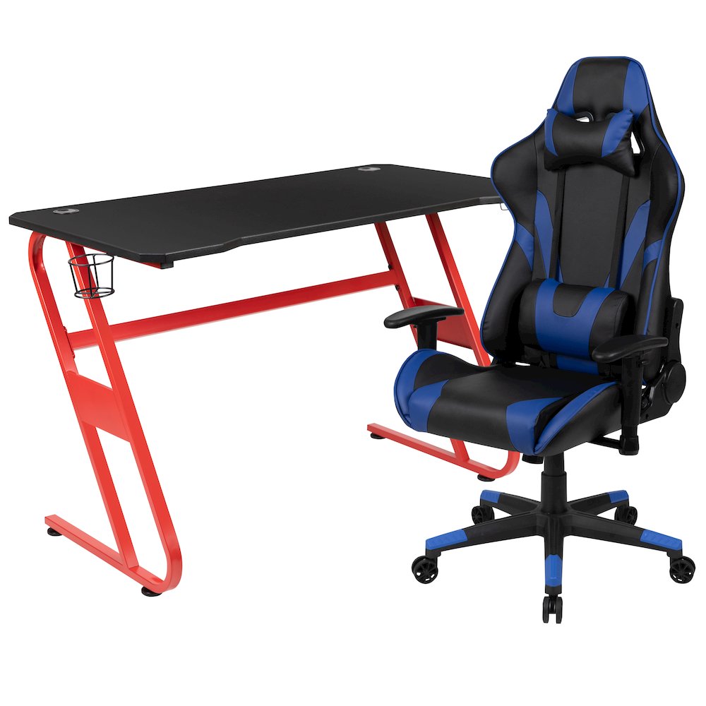 Red Gaming Desk and Blue Reclining Gaming Chair Set