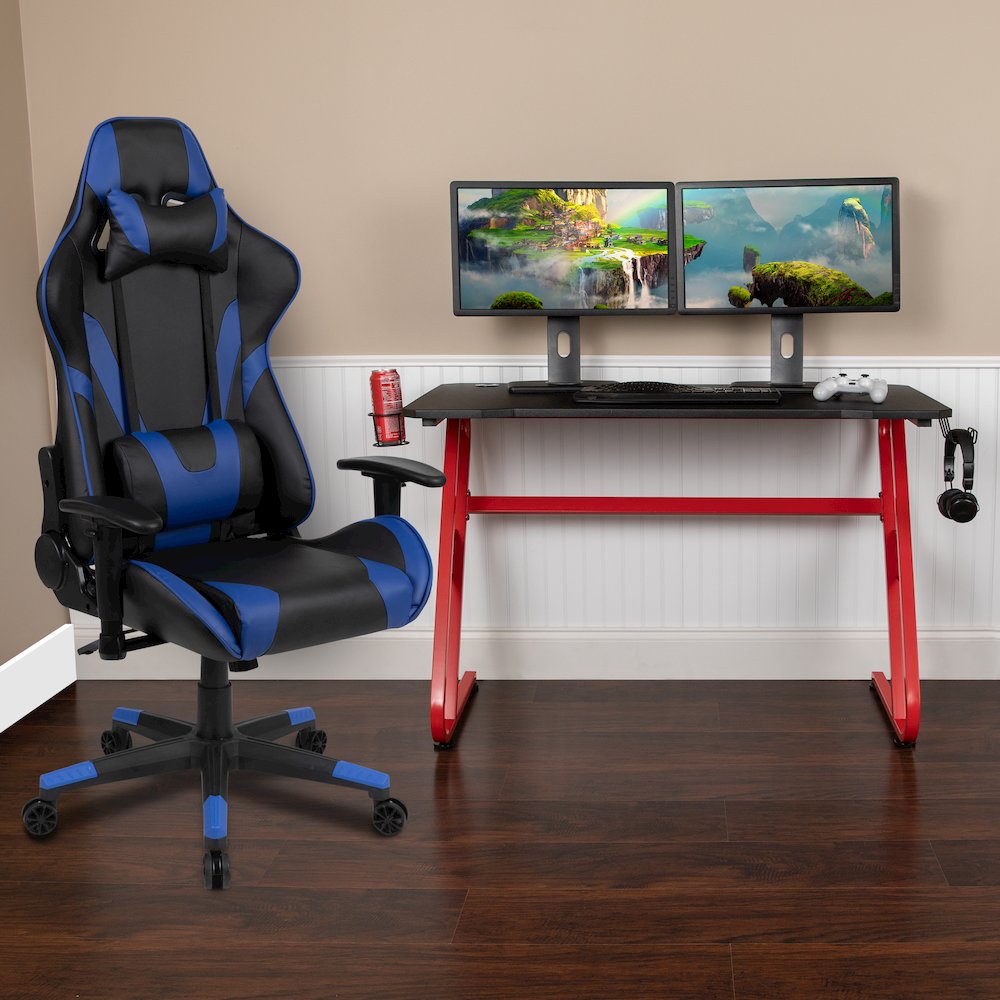 Red Gaming Desk and Blue Reclining Gaming Chair Set