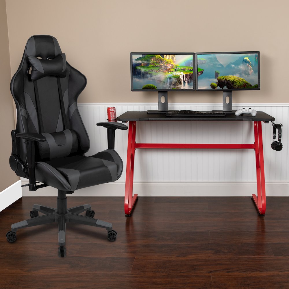 Red Gaming Desk and Gray Reclining Gaming Chair Set
