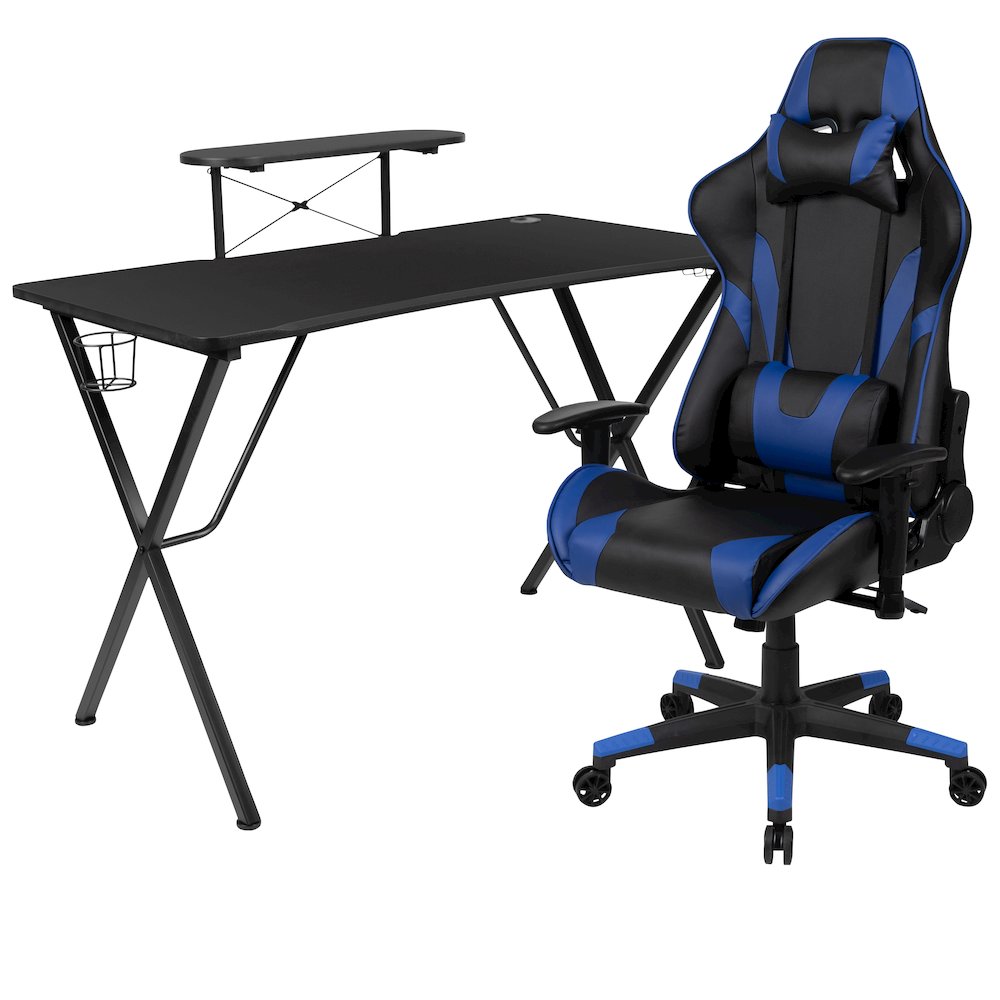 Black Gaming Desk and Blue Reclining Gaming Chair Set