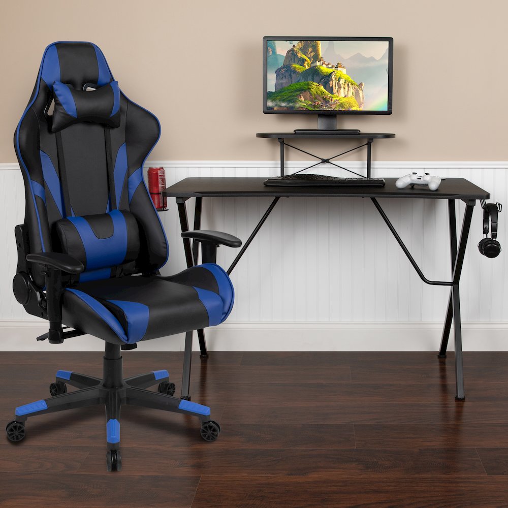 Black Gaming Desk and Blue Reclining Gaming Chair Set