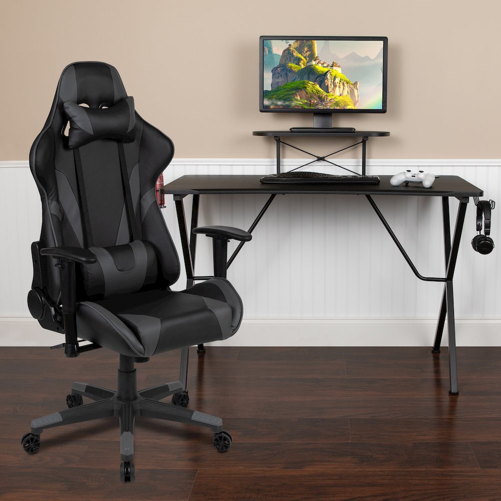 Black Gaming Desk and Gray Reclining Gaming Chair Set