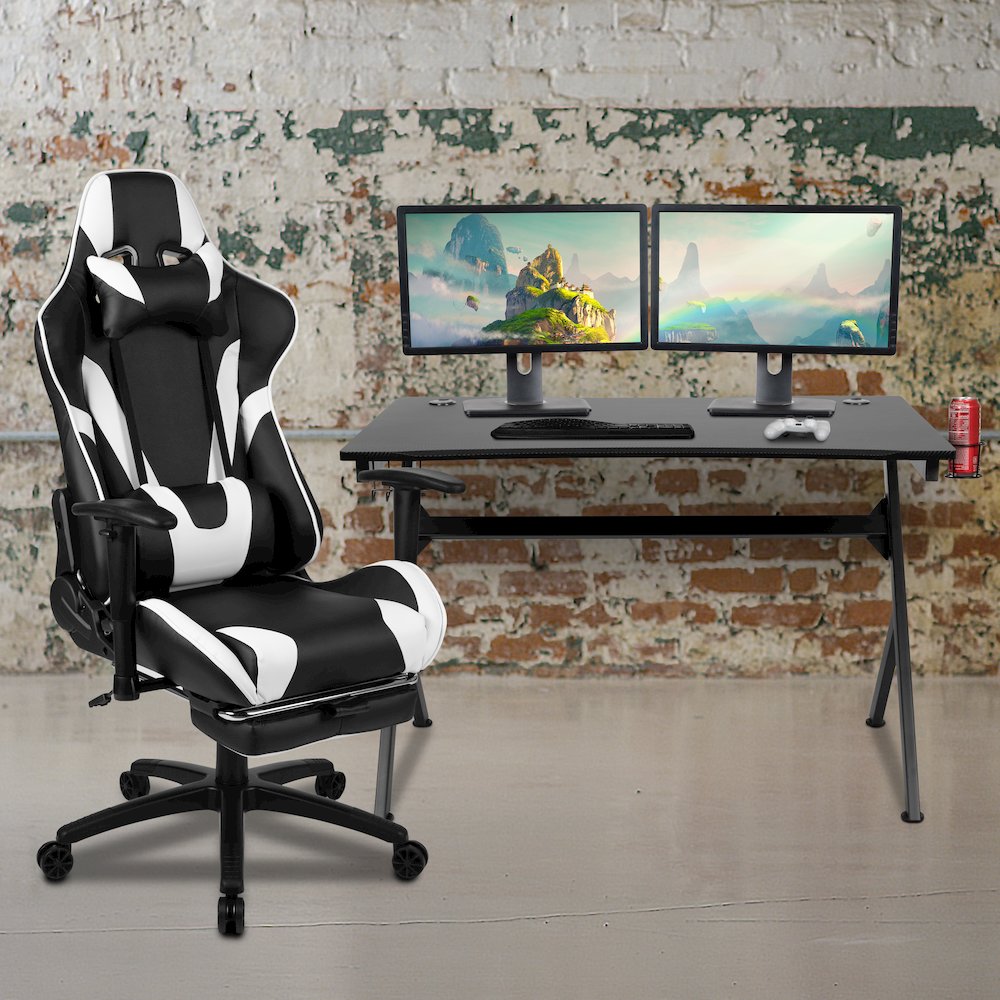 Black Gaming Desk and Black Footrest Reclining Gaming Chair Set