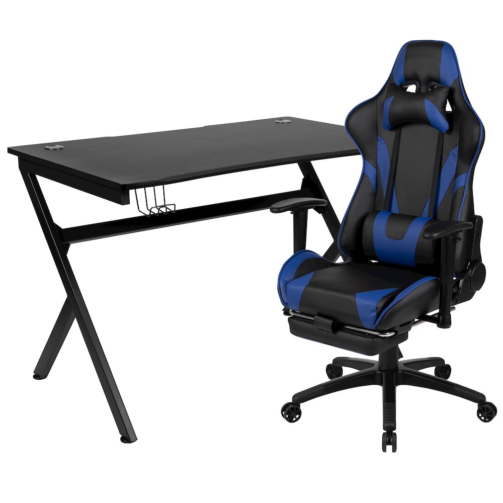 Black Gaming Desk and Blue Footrest Reclining Gaming Chair Set