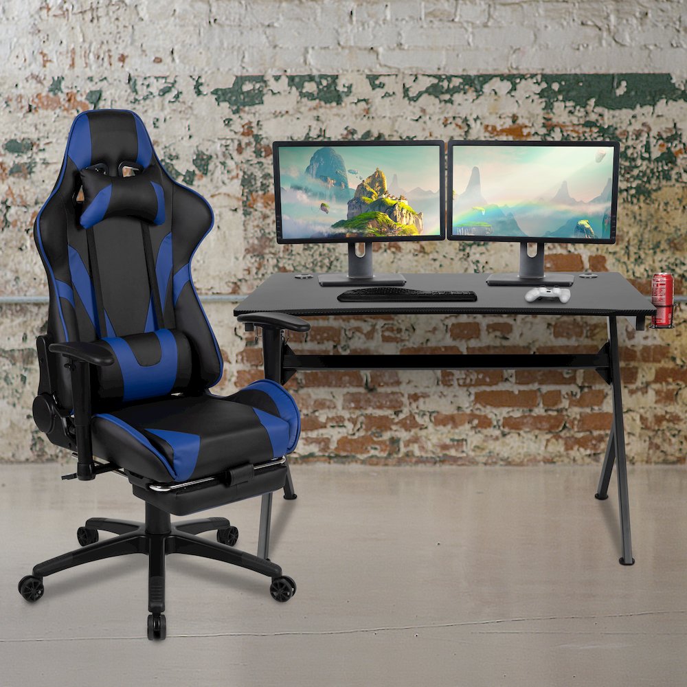 Black Gaming Desk and Blue Footrest Reclining Gaming Chair Set