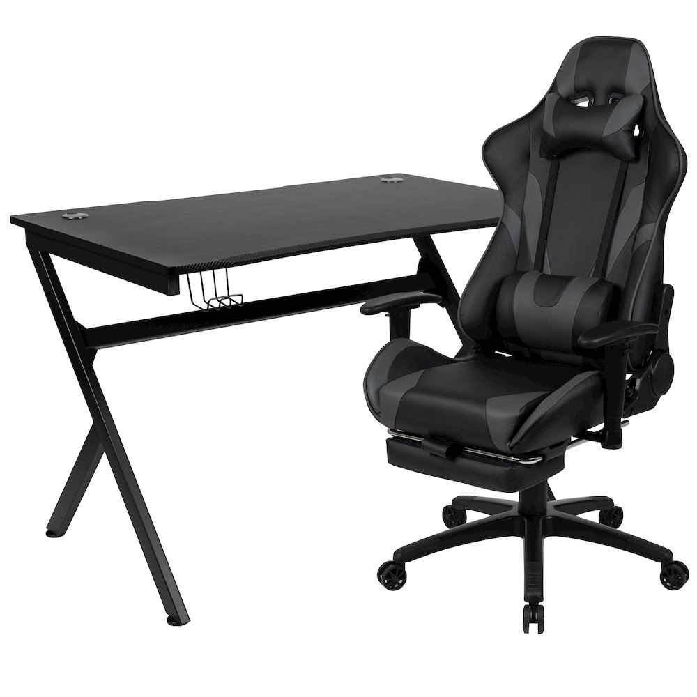 Black Gaming Desk and Gray Footrest Reclining Gaming Chair Set