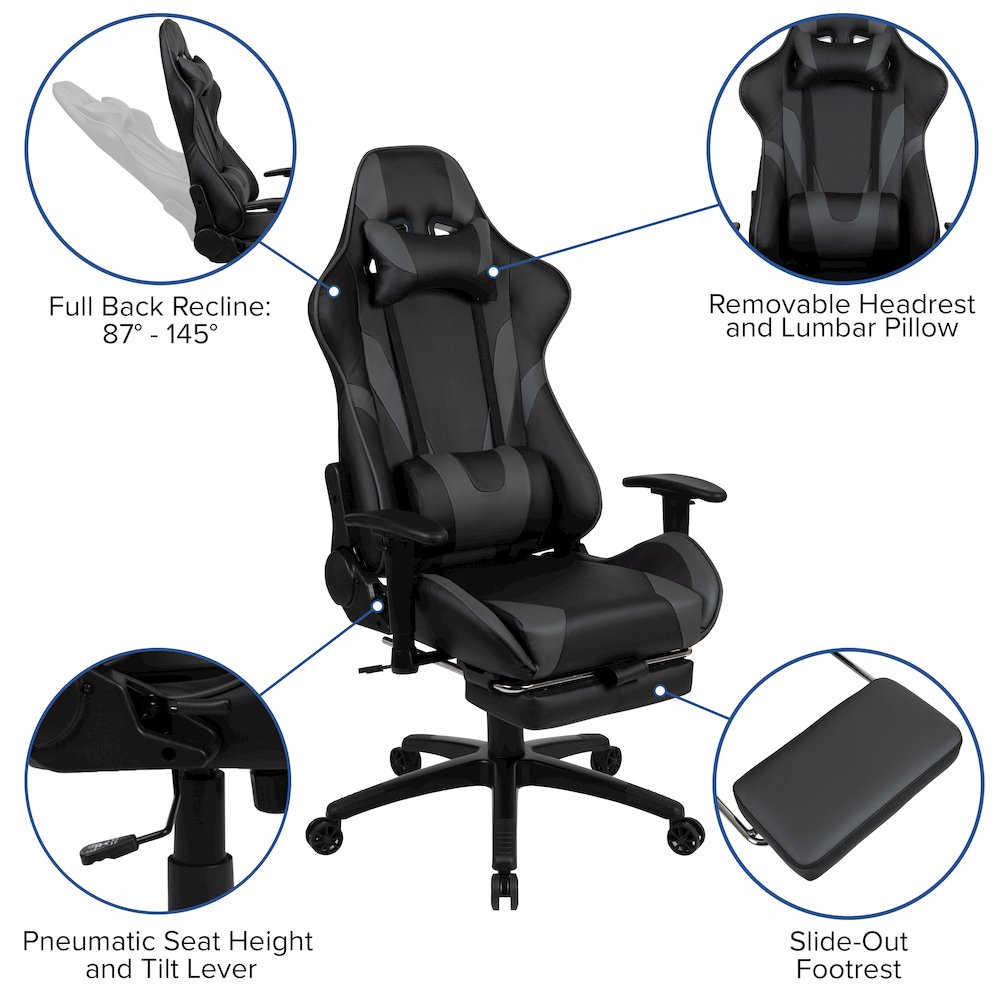 Black Gaming Desk and Gray Footrest Reclining Gaming Chair Set