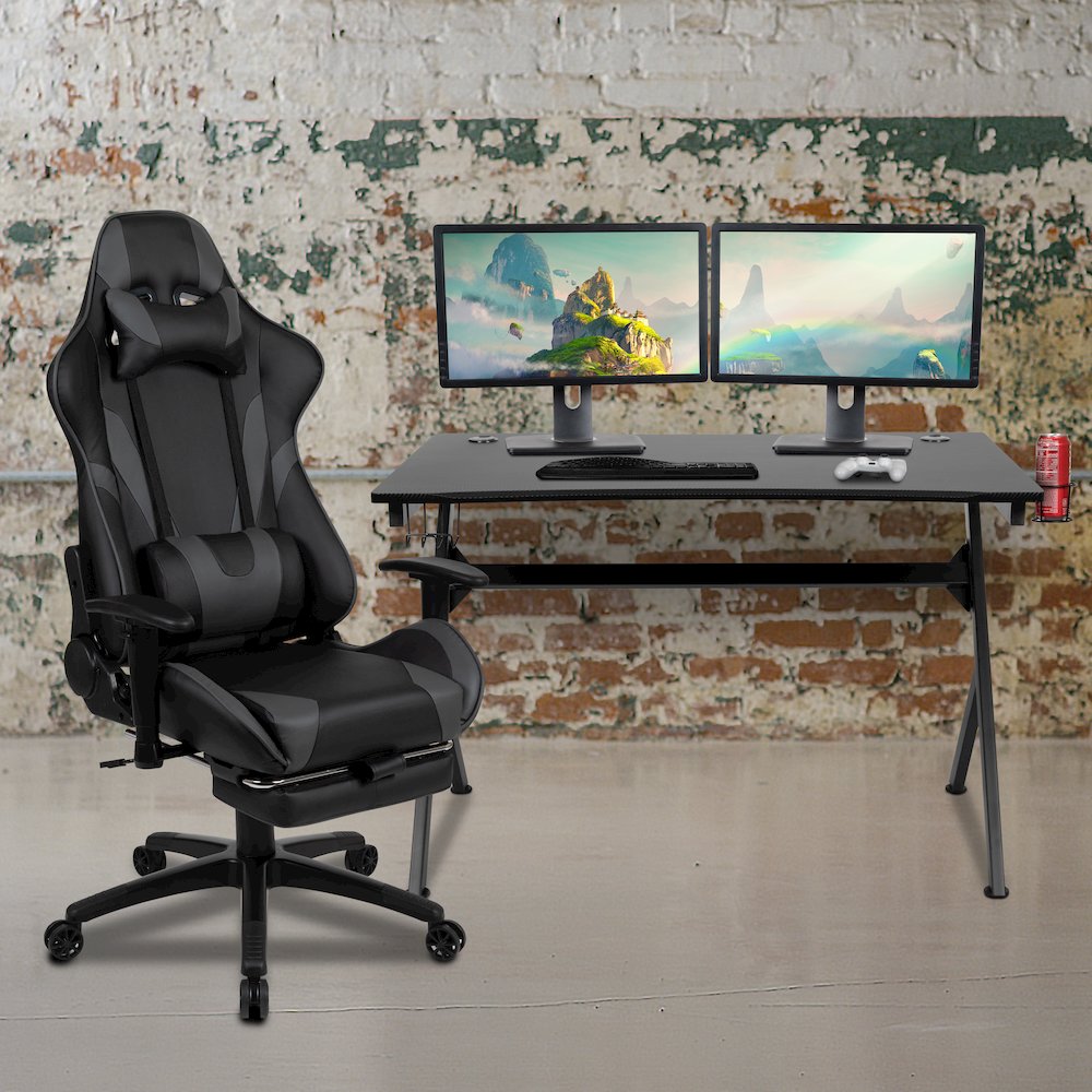 Black Gaming Desk and Gray Footrest Reclining Gaming Chair Set