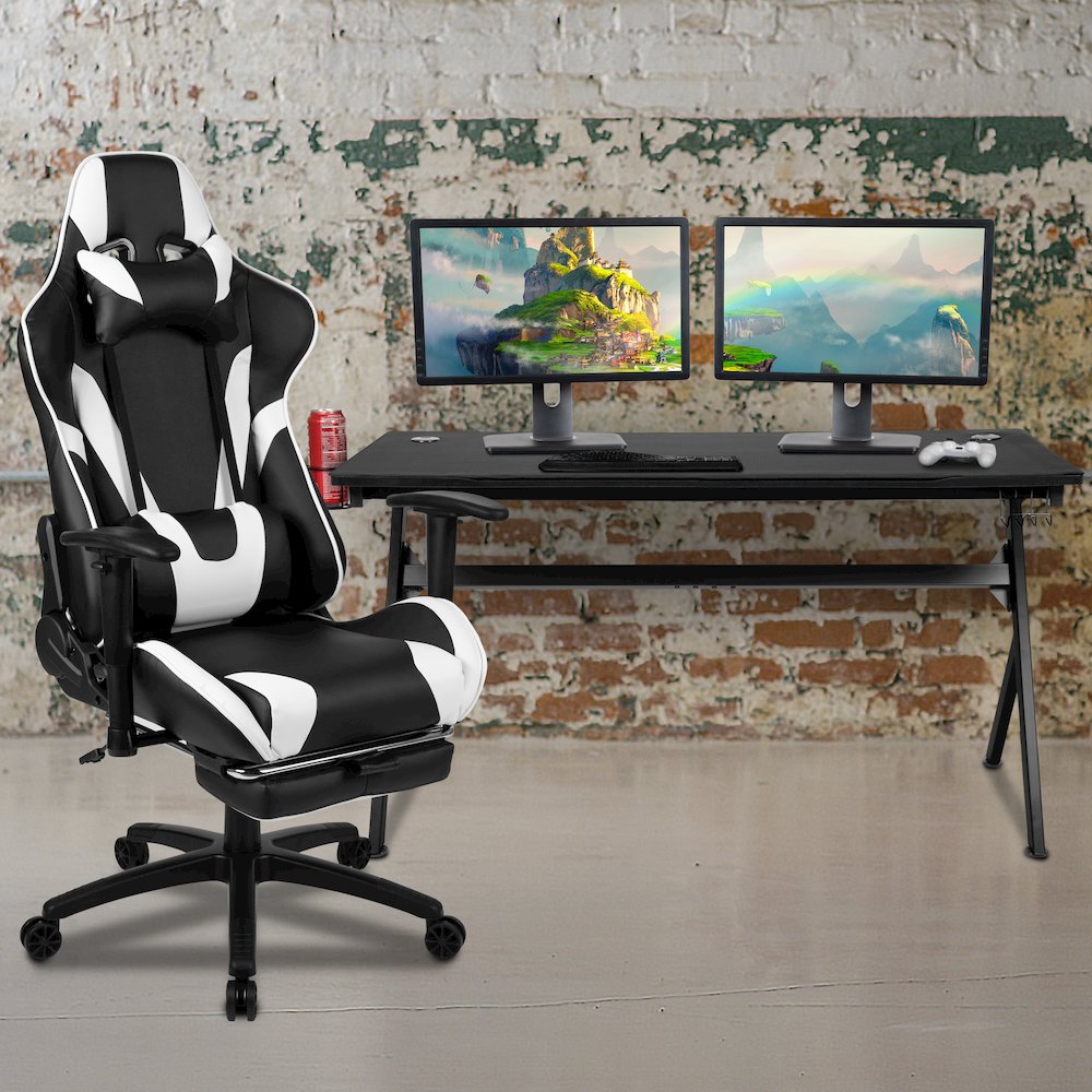 Gaming Desk and Black Footrest Reclining Gaming Chair Set