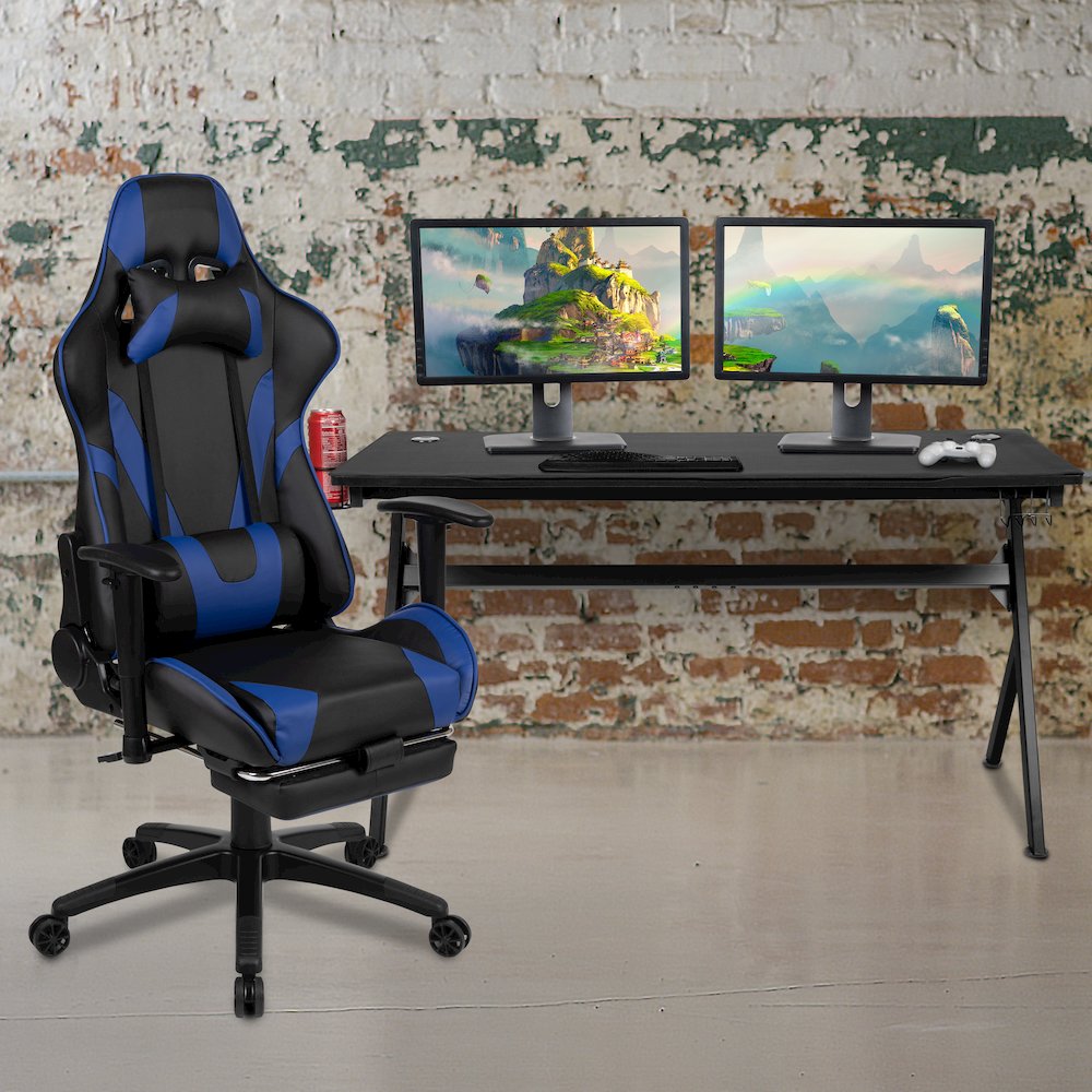 Gaming Desk and Blue Footrest Reclining Gaming Chair Set