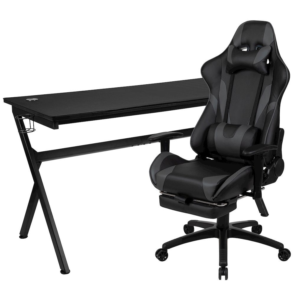 Gaming Desk and Gray Footrest Reclining Gaming Chair Set