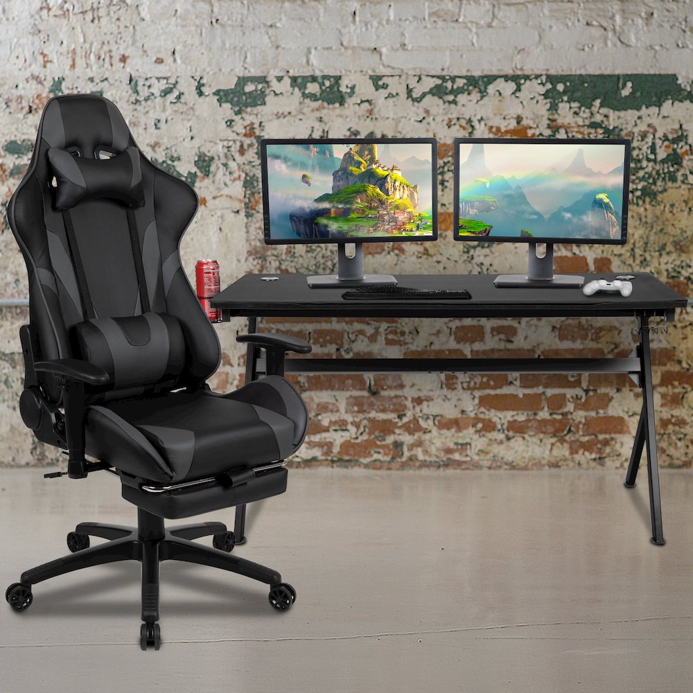Gaming Desk and Gray Footrest Reclining Gaming Chair Set