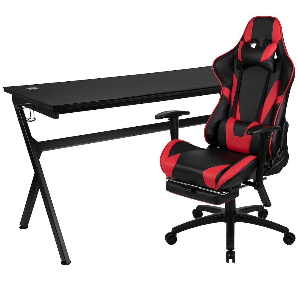 Gaming Desk and Red Footrest Reclining Gaming Chair Set