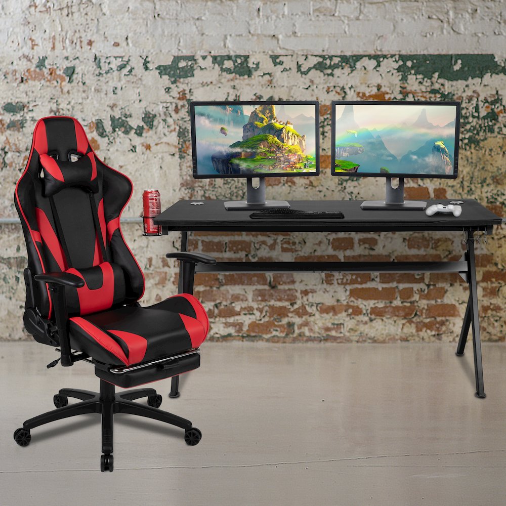 Gaming Desk and Red Footrest Reclining Gaming Chair Set