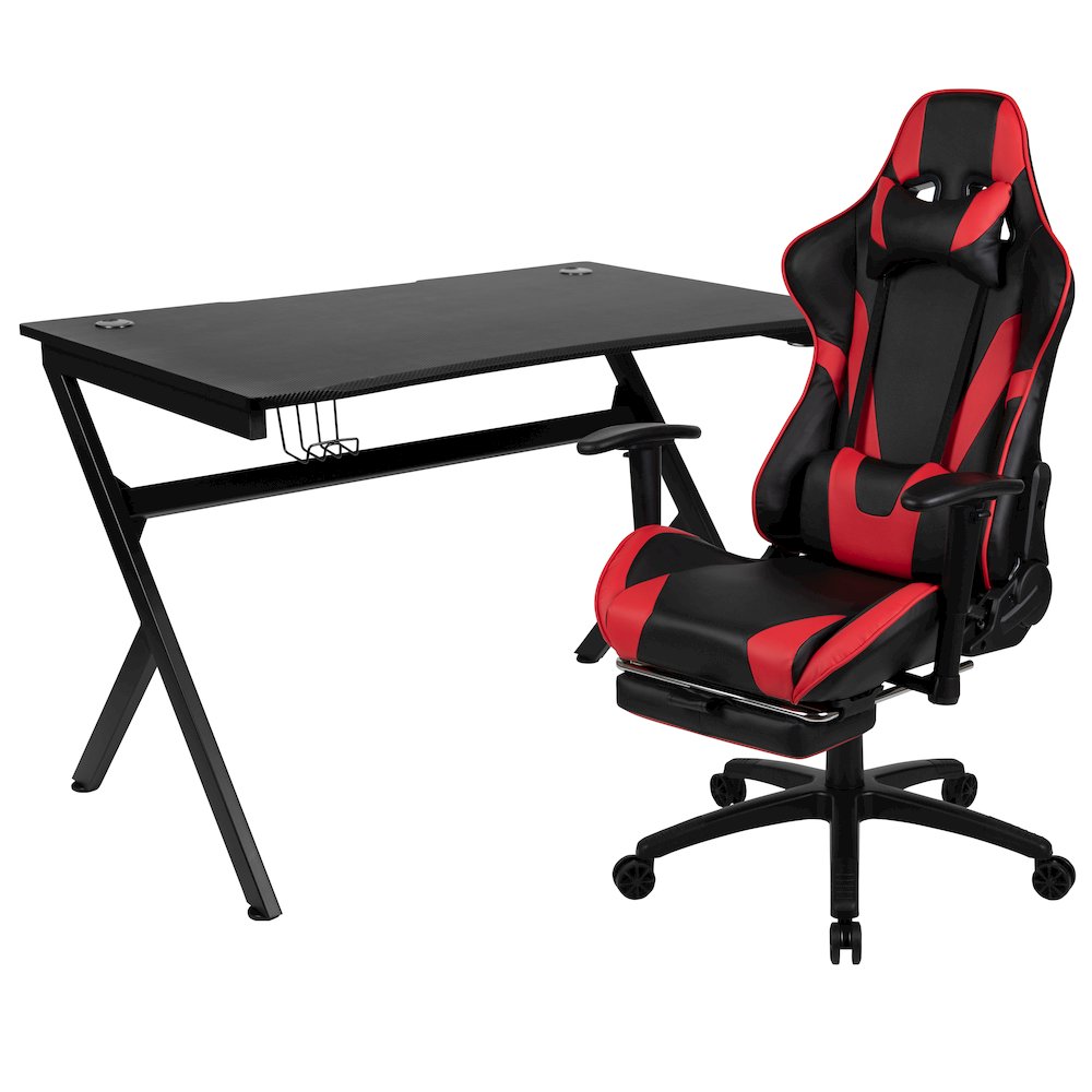 Black Gaming Desk and Red/Black Footrest Reclining Gaming Chair Set