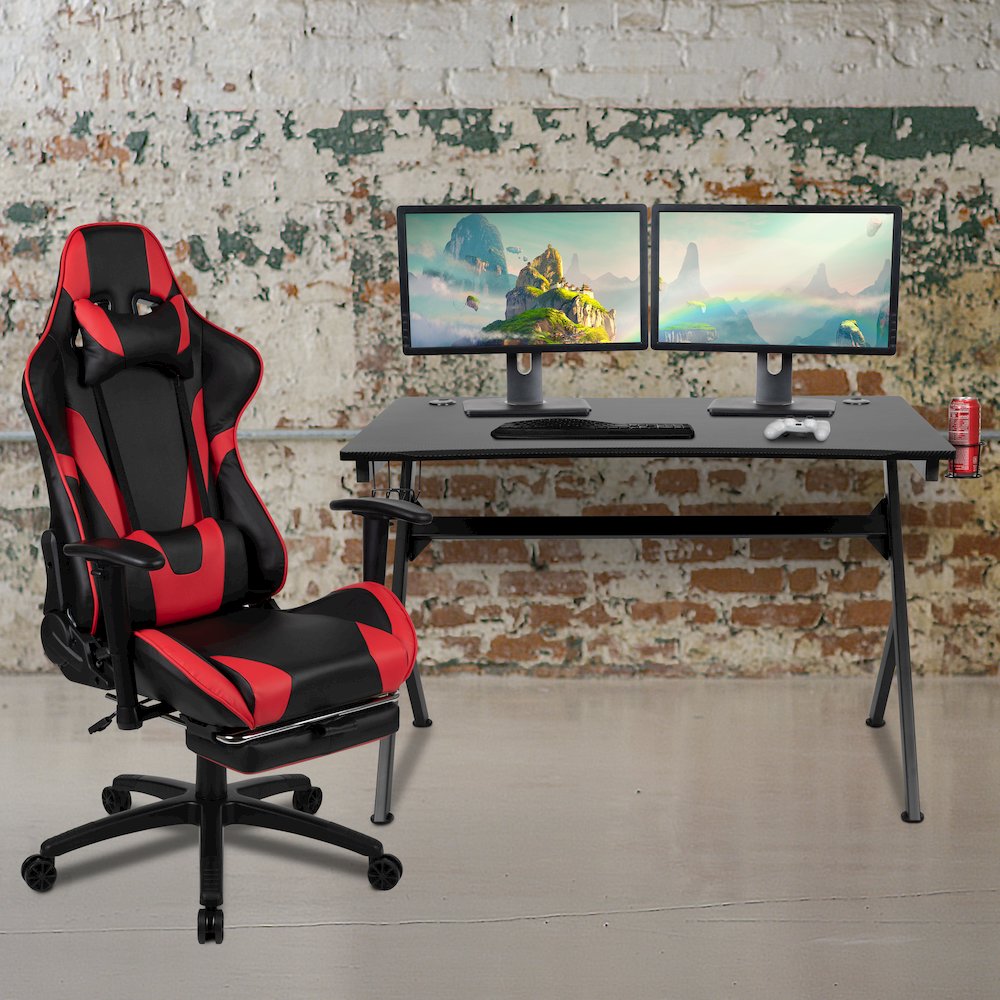 Black Gaming Desk and Red/Black Footrest Reclining Gaming Chair Set