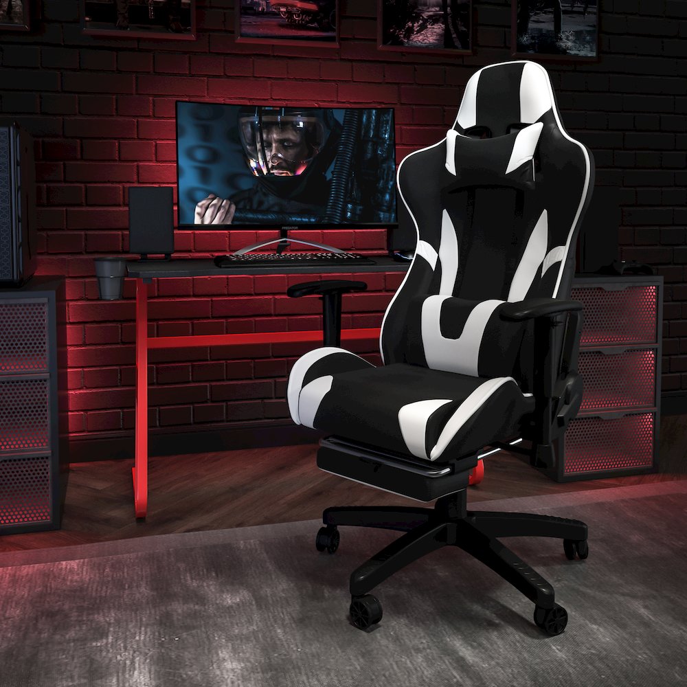 Red Gaming Desk and Black Footrest Reclining Gaming Chair Set