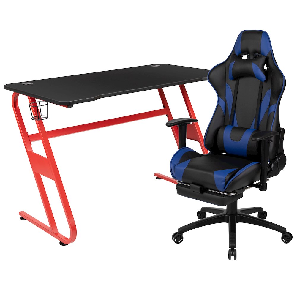 Red Gaming Desk with Cup Holder/Headphone Hook & Blue Reclining Gaming Chair