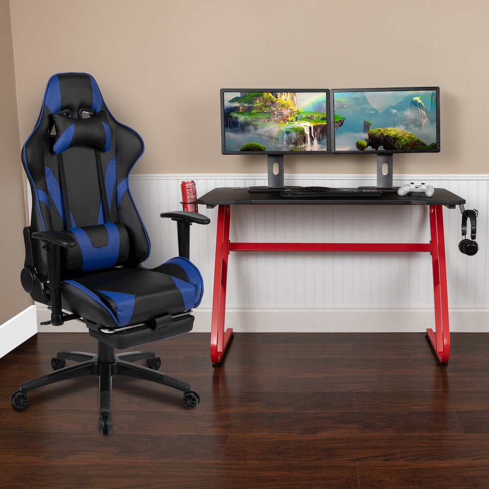 Red Gaming Desk with Cup Holder/Headphone Hook & Blue Reclining Gaming Chair