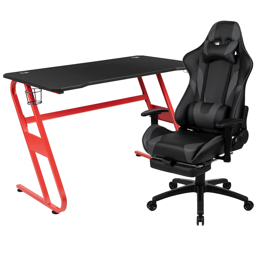 Red Gaming Desk with Cup Holder/Headphone Hook & Gray Reclining Gaming Chair