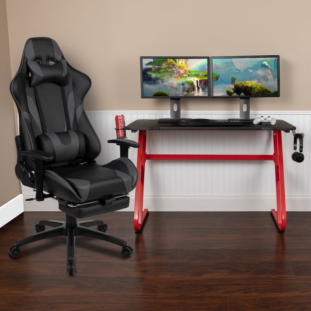 Red Gaming Desk with Cup Holder/Headphone Hook & Gray Reclining Gaming Chair