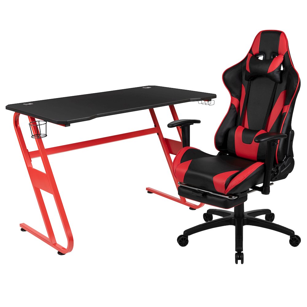 Red Gaming Desk and Red/Black Footrest Reclining Gaming Chair Set