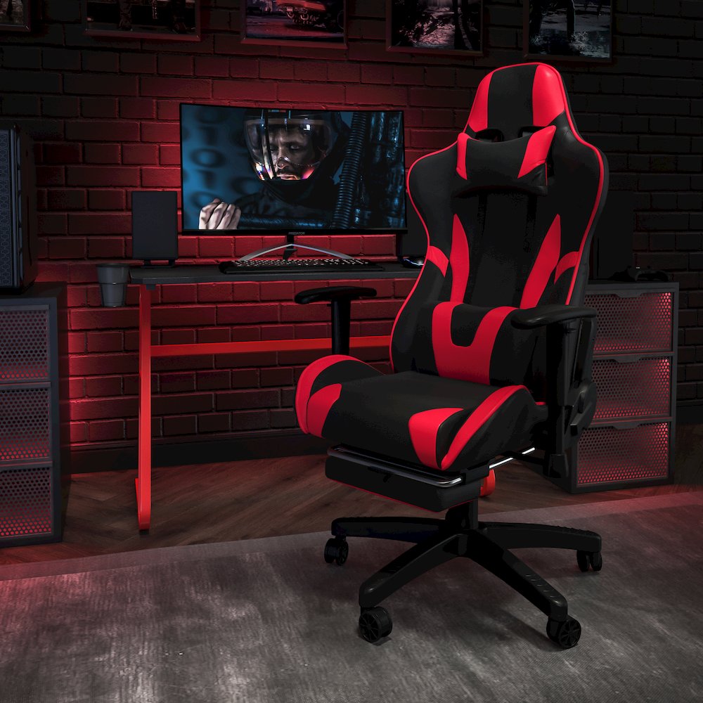 Red Gaming Desk and Red/Black Footrest Reclining Gaming Chair Set