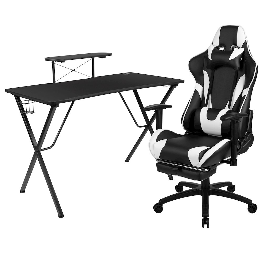 Black Gaming Desk and Black Footrest Reclining Gaming Chair Set