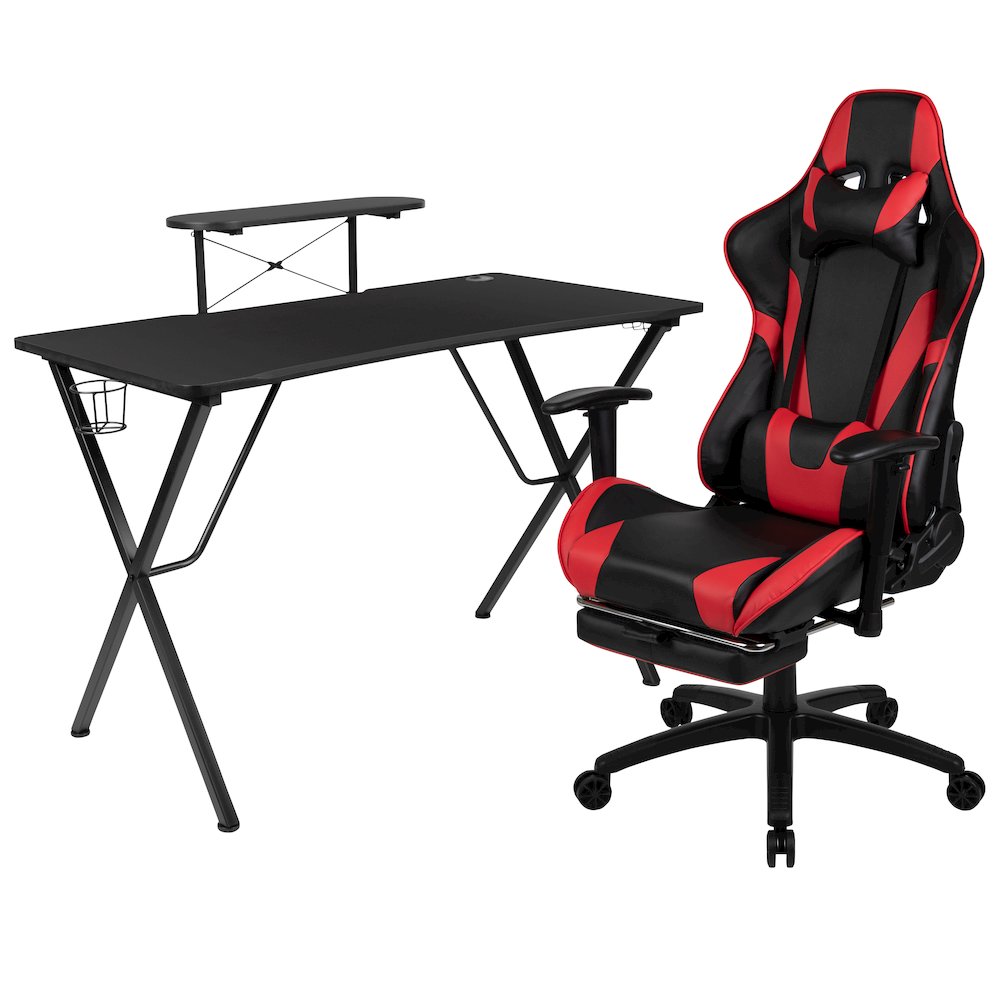 Black Gaming Desk and Red/Black Footrest Gaming Chair Set