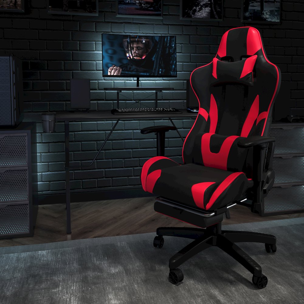 Black Gaming Desk and Red/Black Footrest Gaming Chair Set