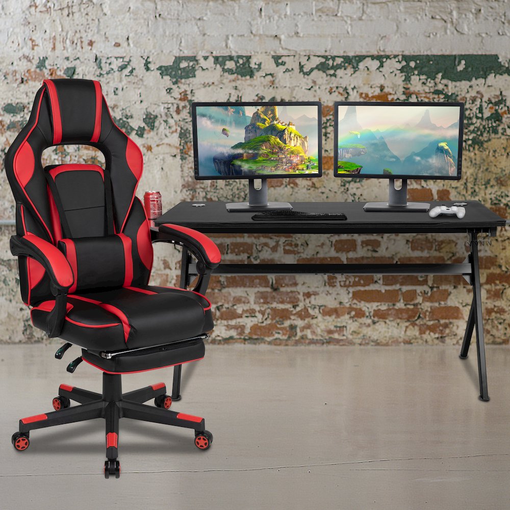 Gaming Desk/Headphone Hook/Removable Mousepad Top & Red Back/Arms Gaming Chair