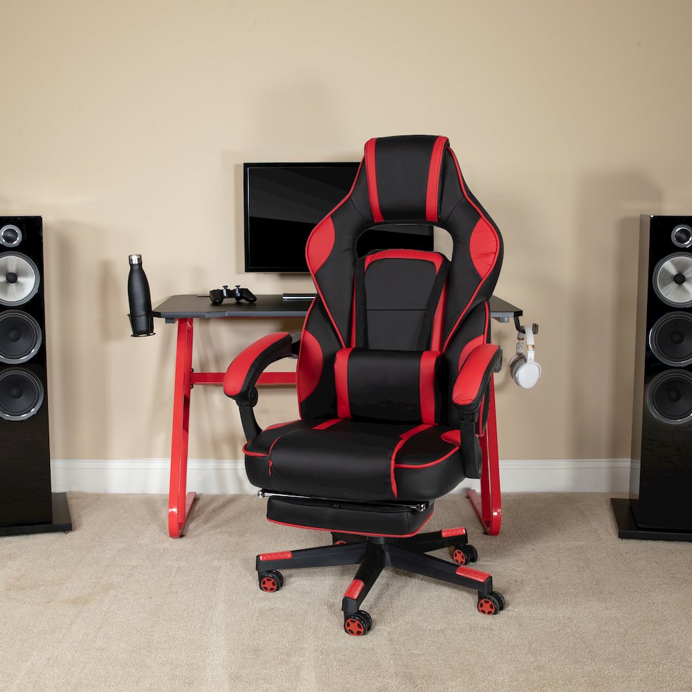Red Gaming Desk/Headphone Hook & Red Reclining Back/Arms Gaming Chair