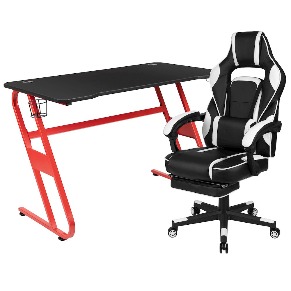 Red Gaming Desk/Headphone Hook & White Reclining Back/Arms Gaming Chair