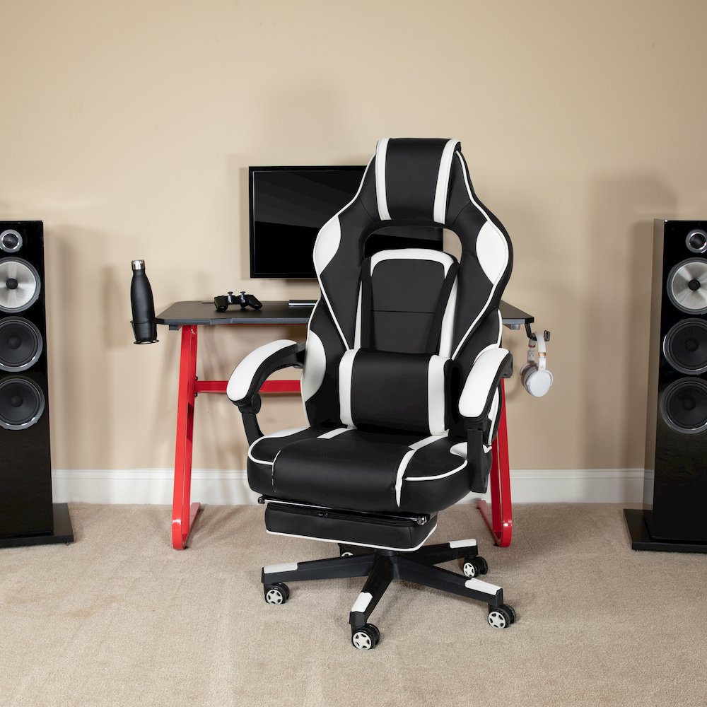 Red Gaming Desk/Headphone Hook & White Reclining Back/Arms Gaming Chair