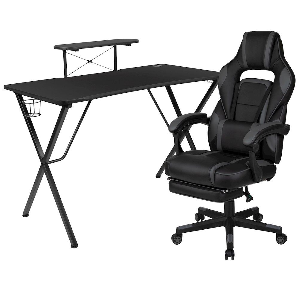 Black Gaming Desk/Headphone Hook/Monitor Stand & Black Back/Arms Gaming Chair