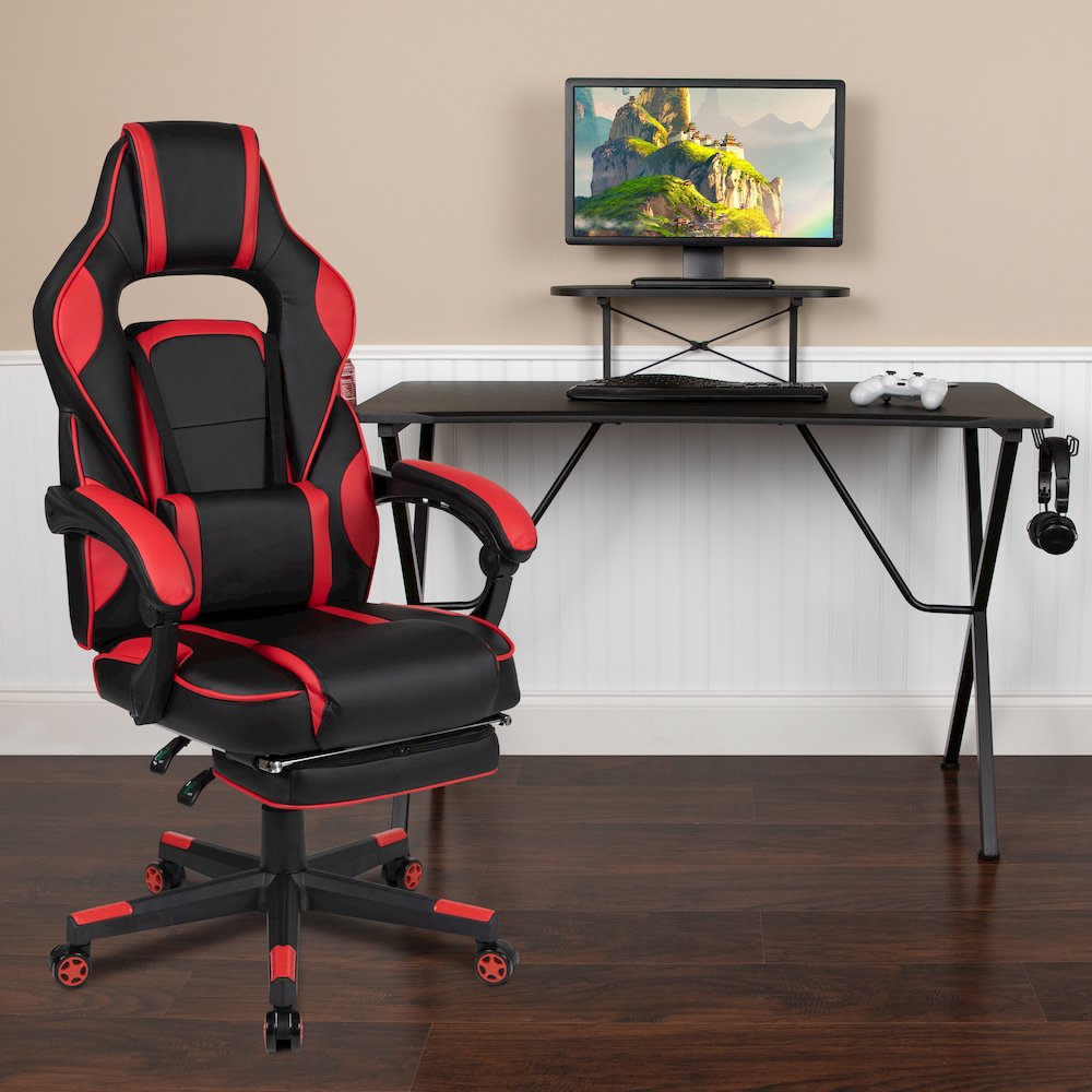 Black Gaming Desk/Headphone Hook/Monitor Stand & Red Back/Arms Gaming Chair