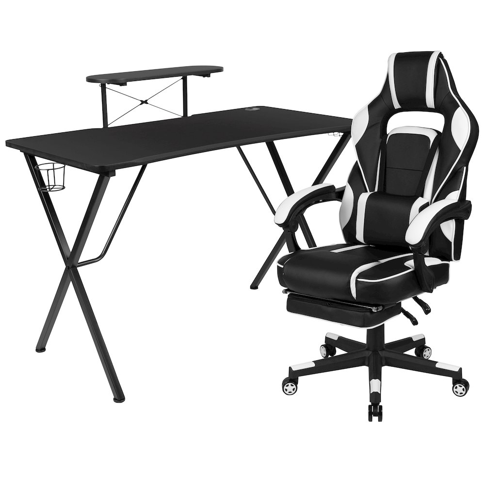 Black Gaming Desk/Headphone Hook/Monitor Stand & White Back/Arms Gaming Chair
