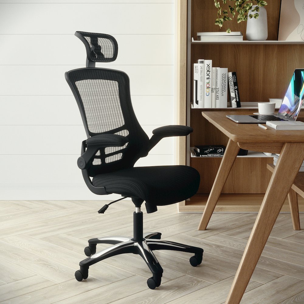 High-Back Black Mesh Swivel Executive Office Chair and Adjustable Headrest