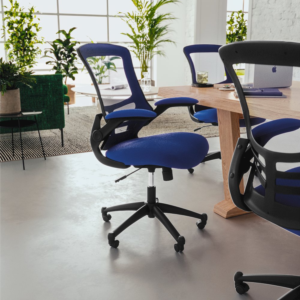 Mid-Back Blue Mesh Swivel Ergonomic Task Office Chair with Flip-Up Arms