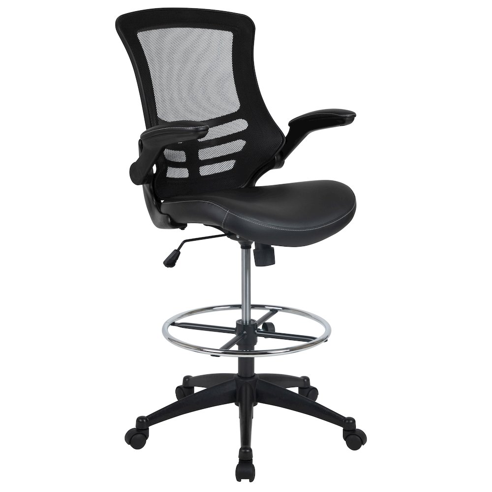 Mid-Back Black Mesh Ergonomic Drafting Chair with LeatherSoft Seat