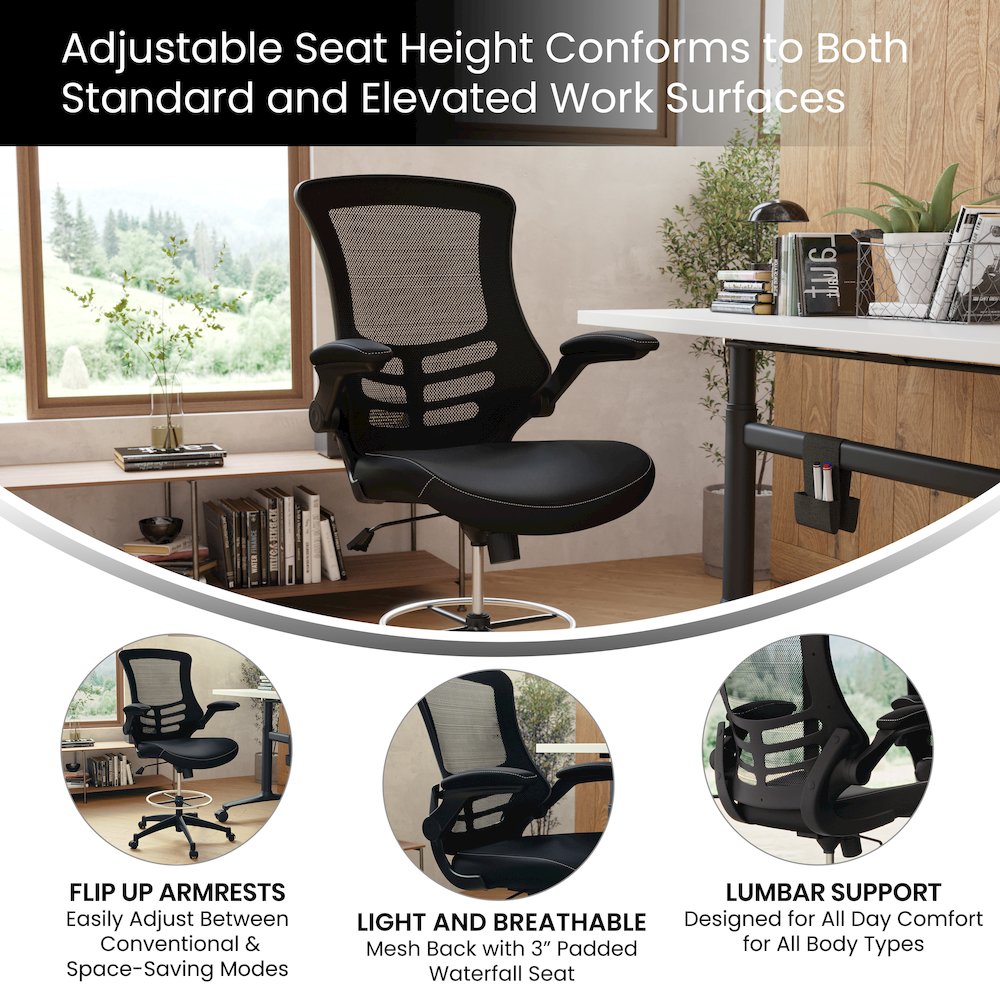 Mid-Back Black Mesh Ergonomic Drafting Chair with LeatherSoft Seat